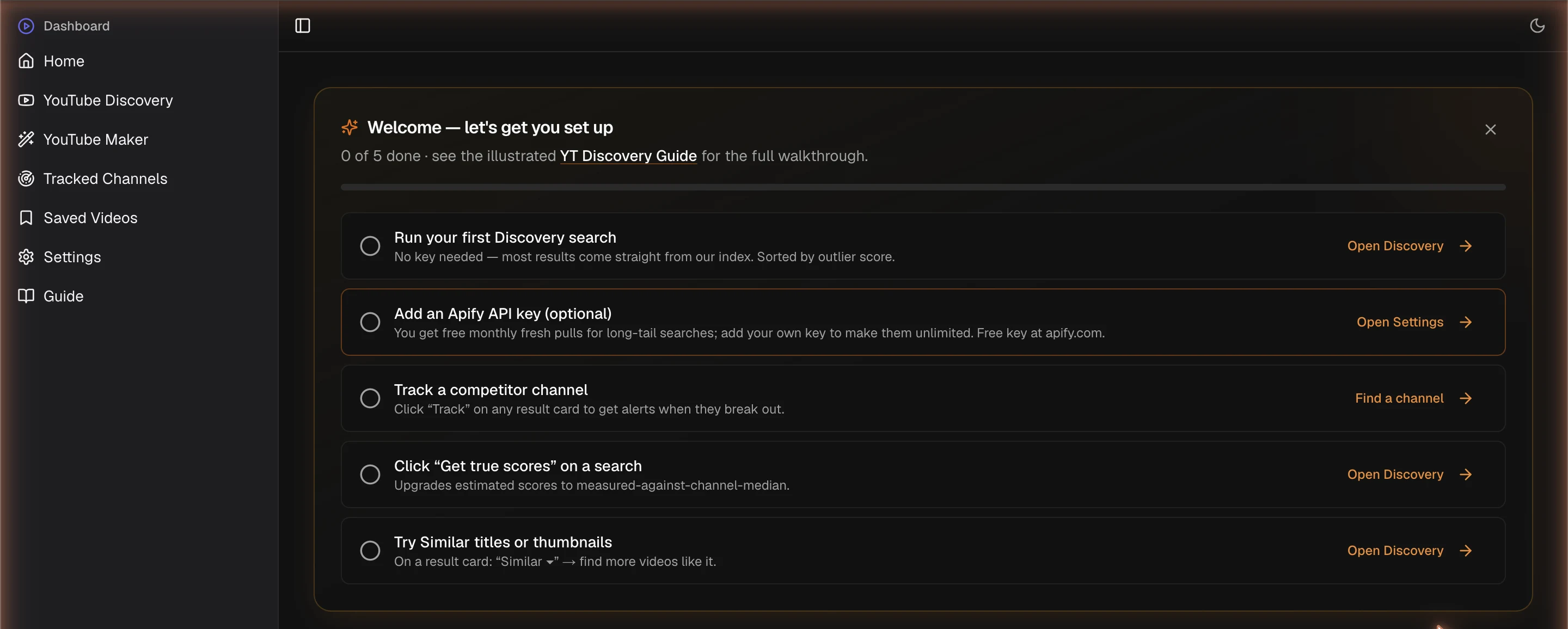 The dashboard — the onboarding checklist walks you through first setup.