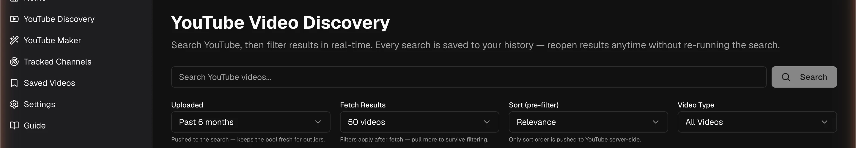 Discovery search — enter a niche keyword and pick an upload window before searching.