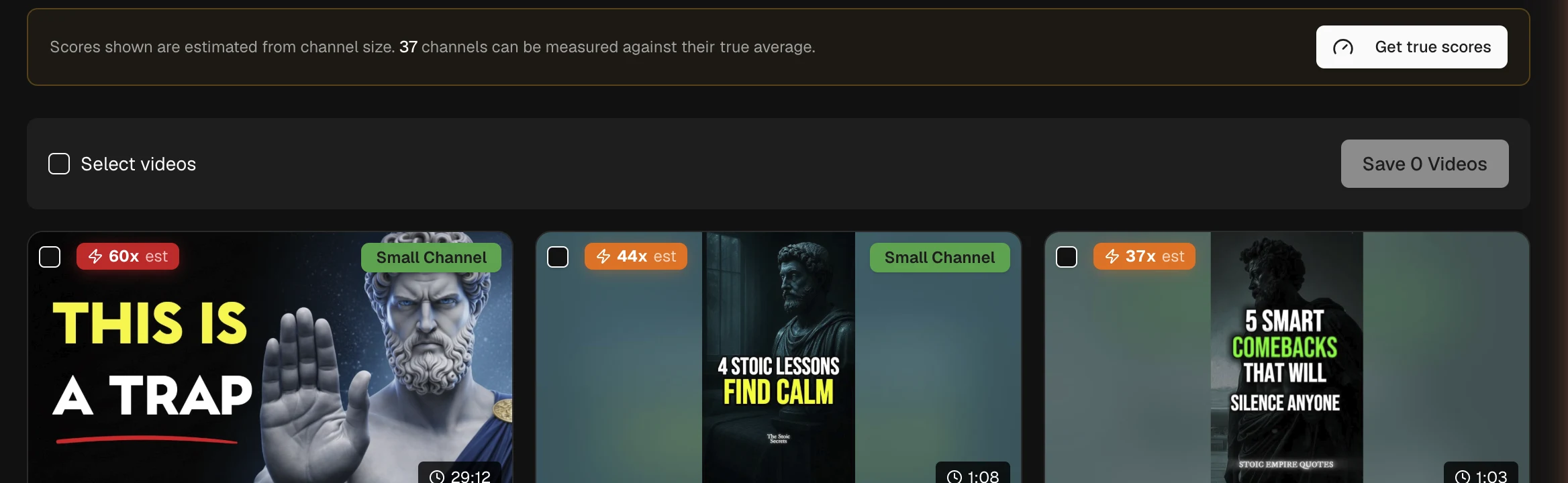 "Get true scores" measures each channel's median to replace subscriber-proxy estimates.