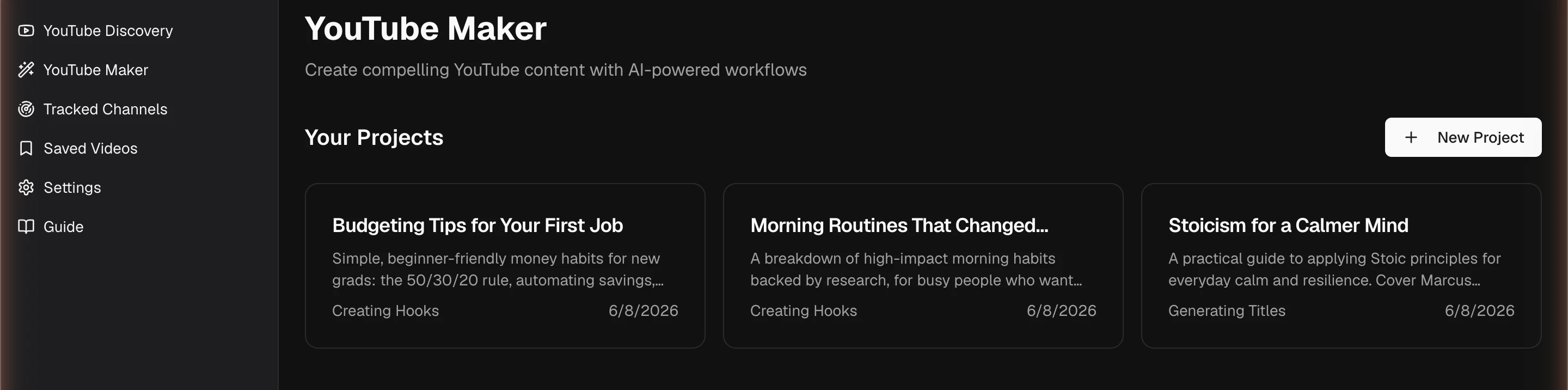 YouTube Maker — your projects, each a guided topic → hooks → intro → titles → thumbnails path.