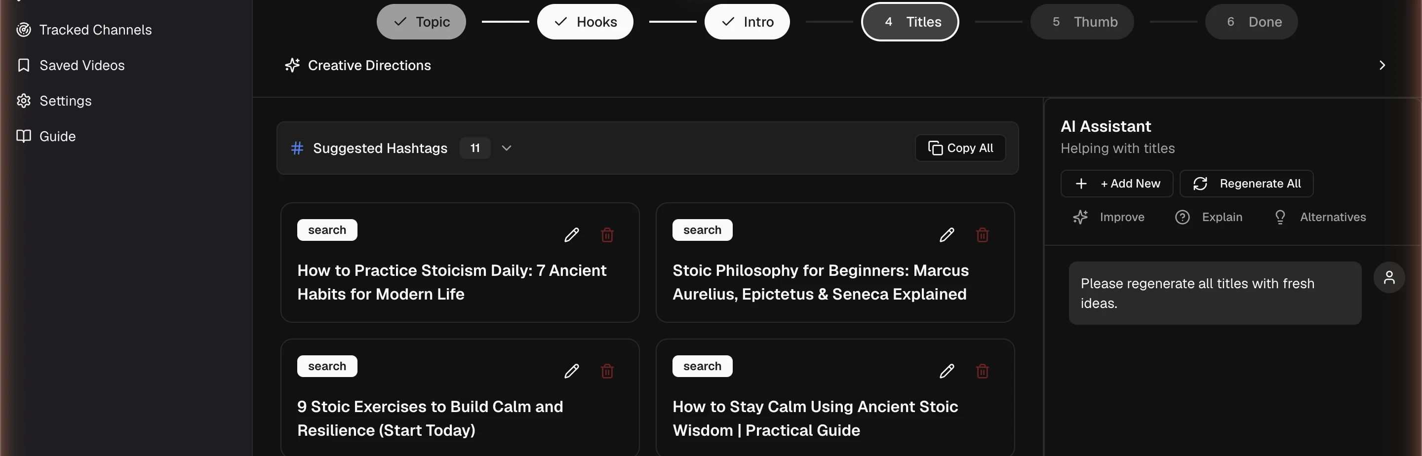 Inside a project — generate options stage by stage and pick the one to carry forward.