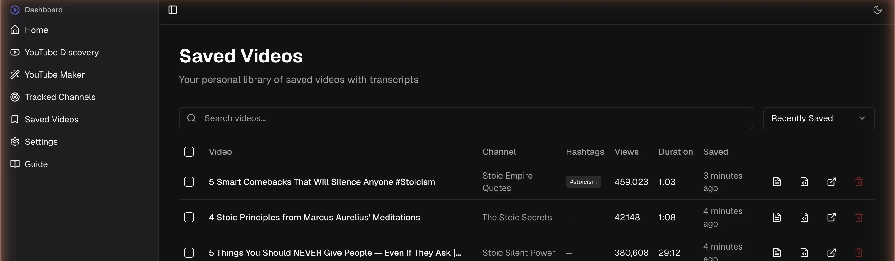Saved Videos — a transcript-searchable research library.