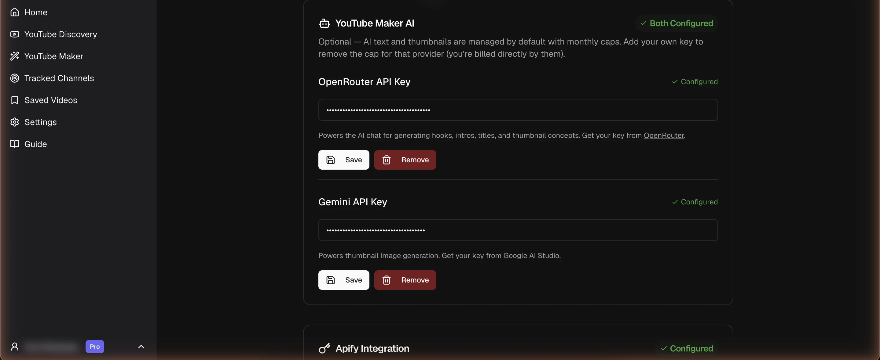 Settings — your monthly usage, plus optional API keys. Every key is optional; adding one removes that provider's cap.