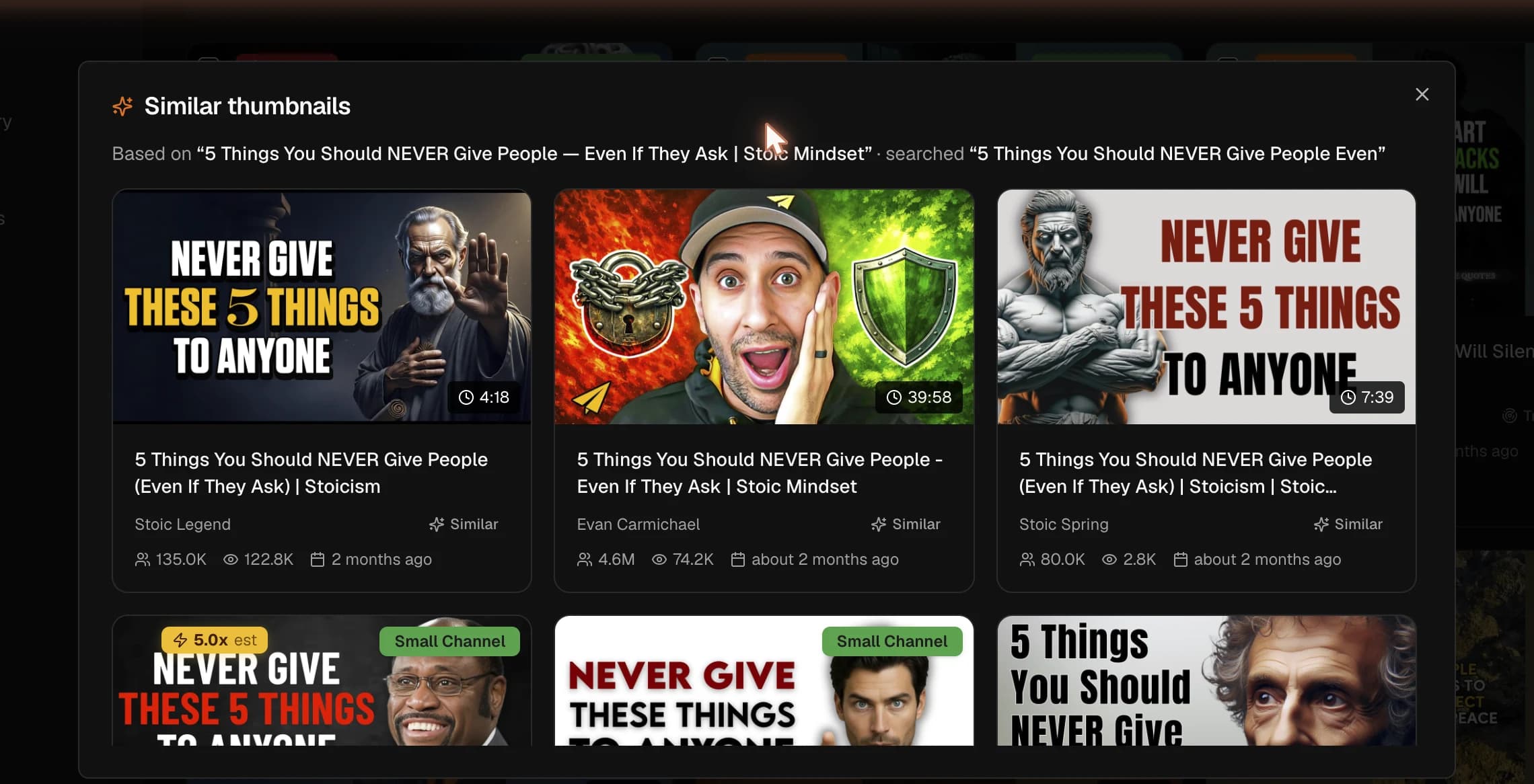 Similar thumbnails — surface look-alikes by visual style using image understanding.