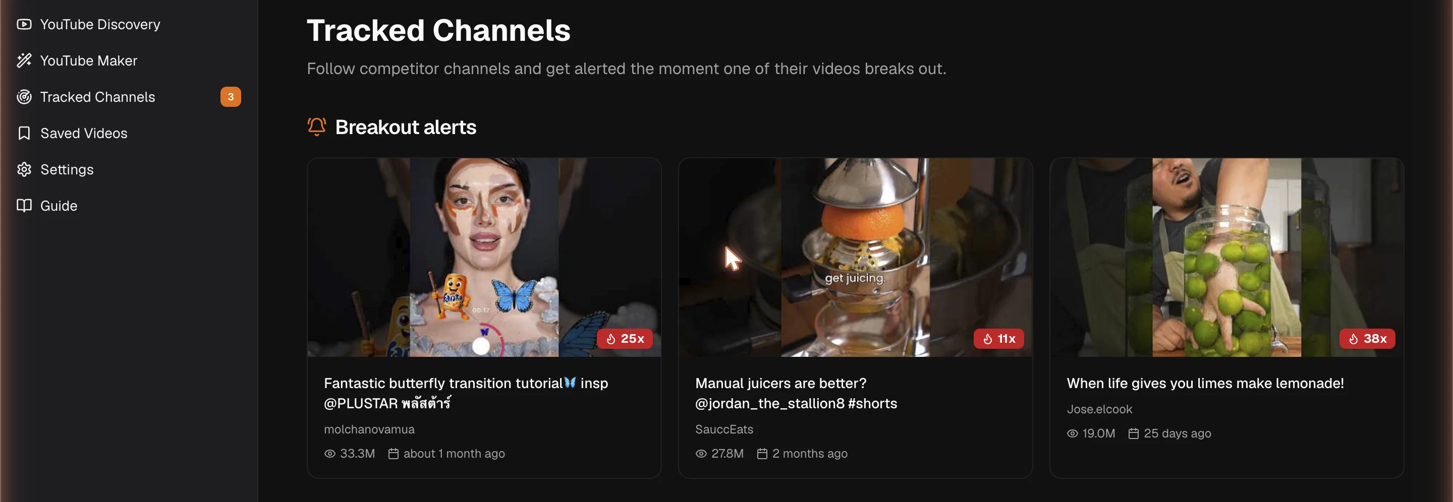 Tracked Channels alert feed showing breakout notifications from followed channels