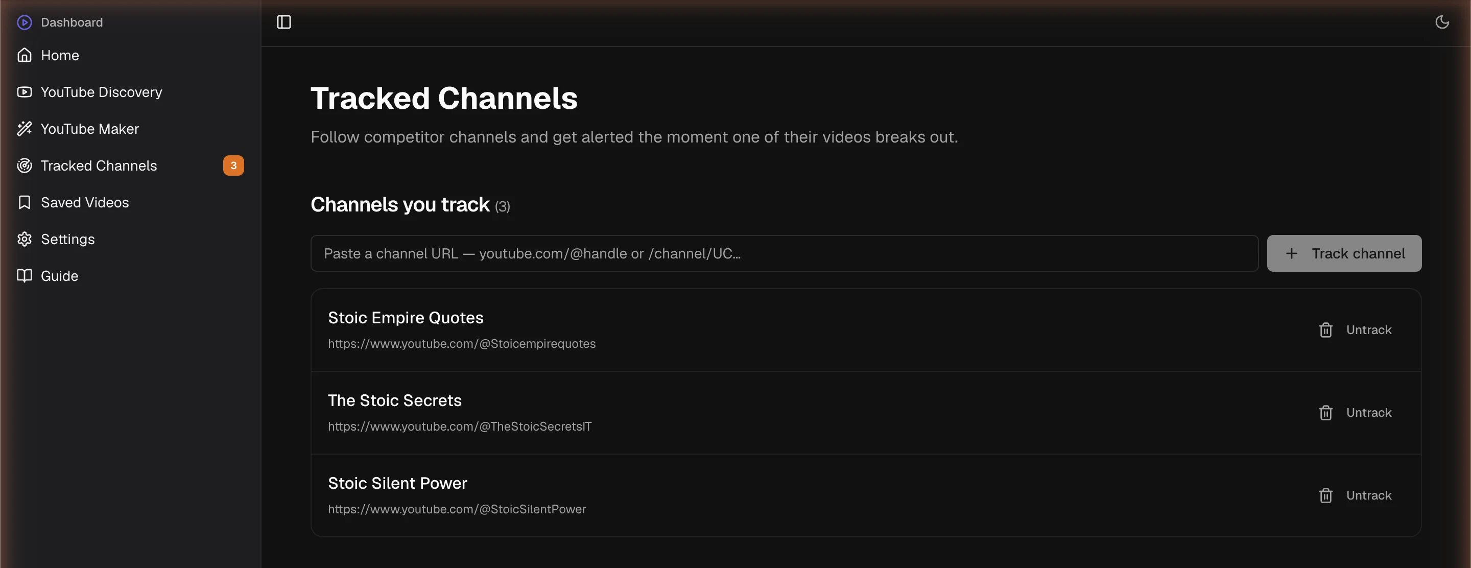 Tracked Channels — the competitors you've chosen to monitor.